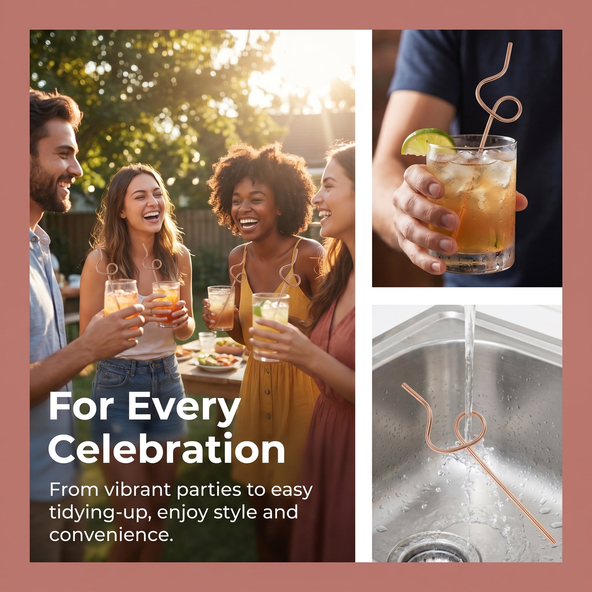 Unique Bargains 6Pcs Reusable Stainless Steel Straws for Daily Use Rose Gold