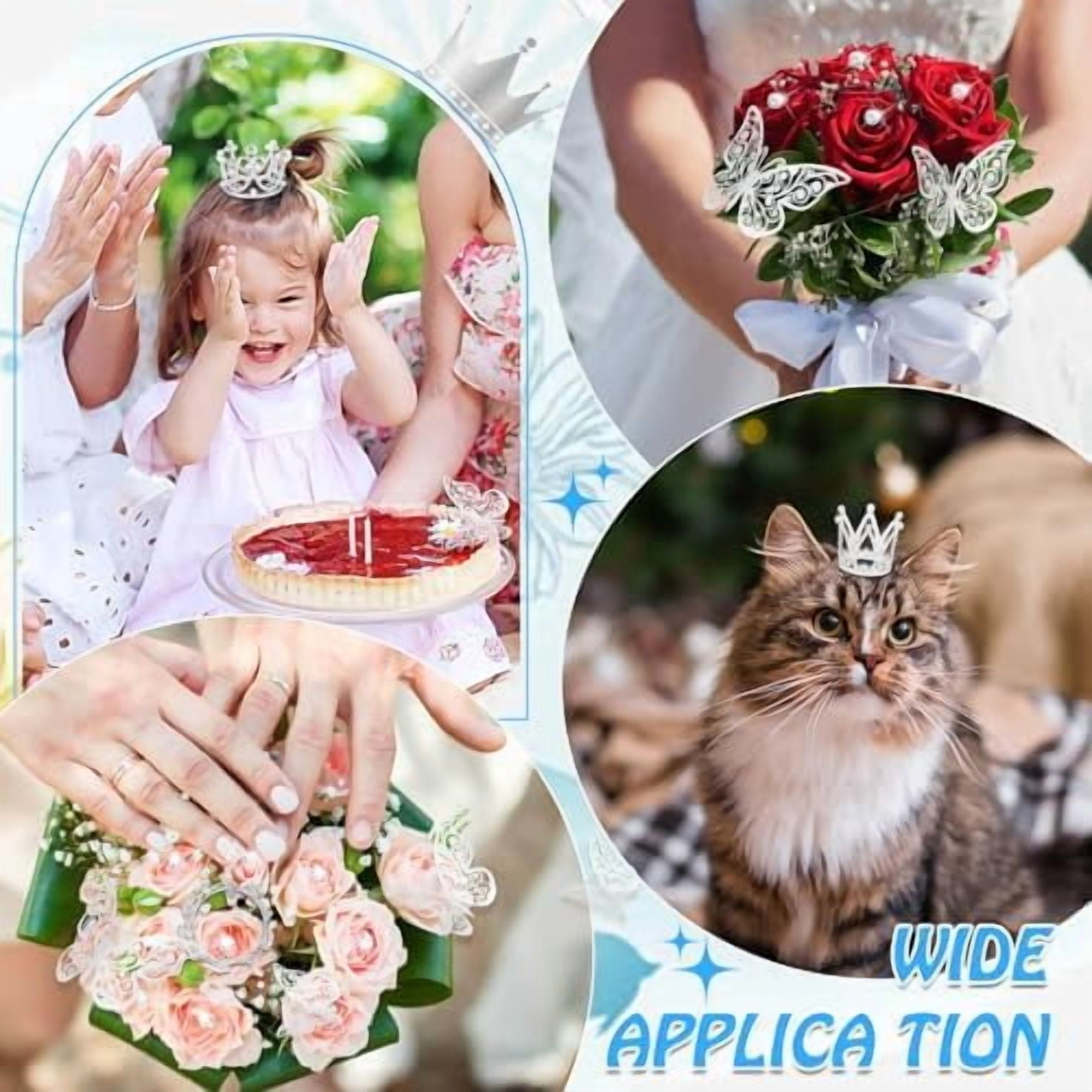 cridoz Flower Bouquet Accessories Including 4 Pcs Silver Crowns, 12 Pcs Butterfly Decorations and 50 Pcs Flower Pins for Flower Bouquets and Cake Topper Decoration