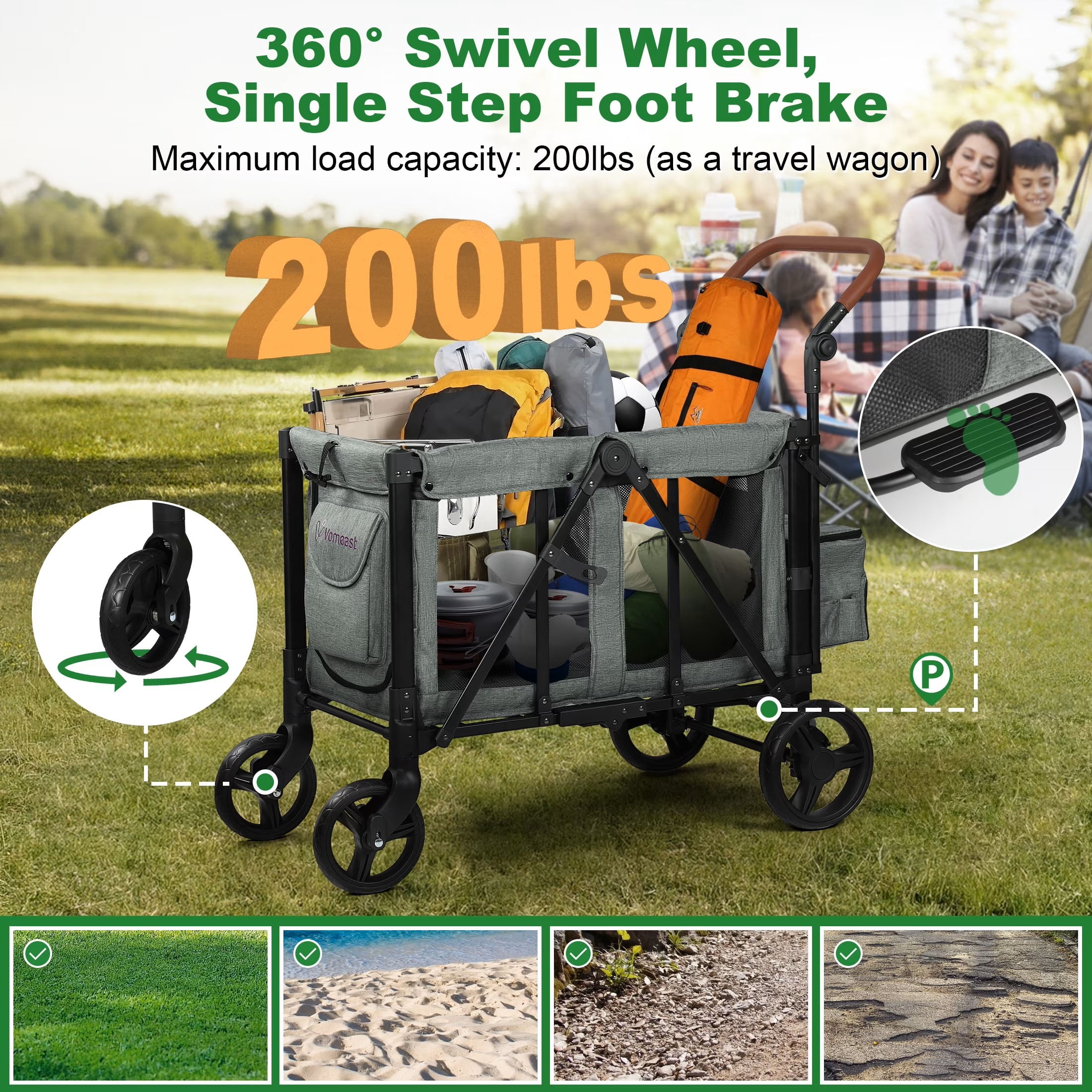 Vomeast Wagon Stroller for 2 Kids, 3-in-1 Outdoor Baby Stroller Wagon with Canopy, 5-Point Harness, Adjustable Handlebars, Removable Seat for Toddlers, Grey