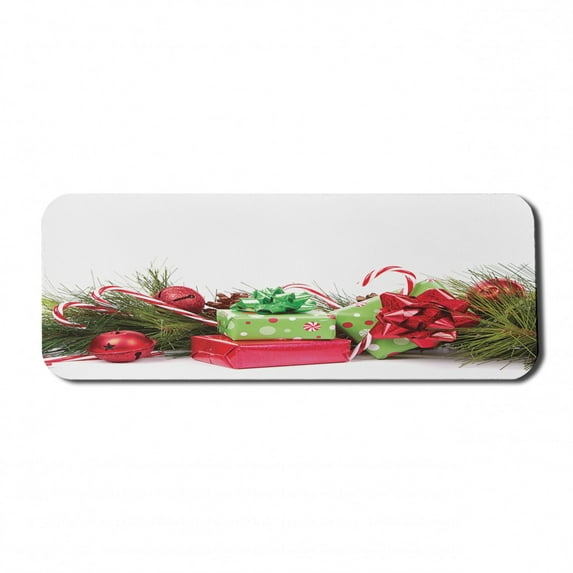 Christmas Computer Mouse Pad, Ornate Boxes with Dots Candy Cane Wrapped Seasonal Elements Surprise, Rectangle Non-Slip Rubber Mousepad Large, 31" x 12" Gaming Size, Fern Green Ruby, by Ambesonne