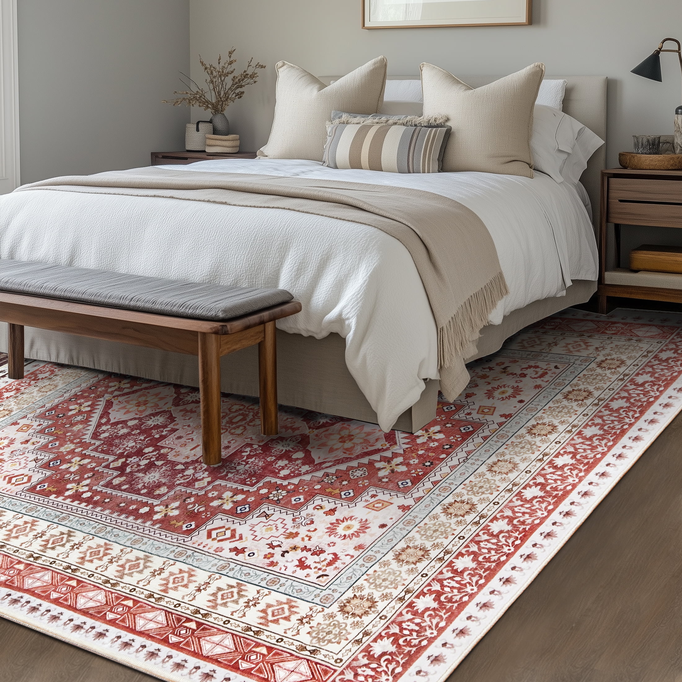 ARJINCUTE  8x10 feet Low Pile Distressed Bohemian Vintage Area Rugs , Non-Slip & Machine Washable, Red