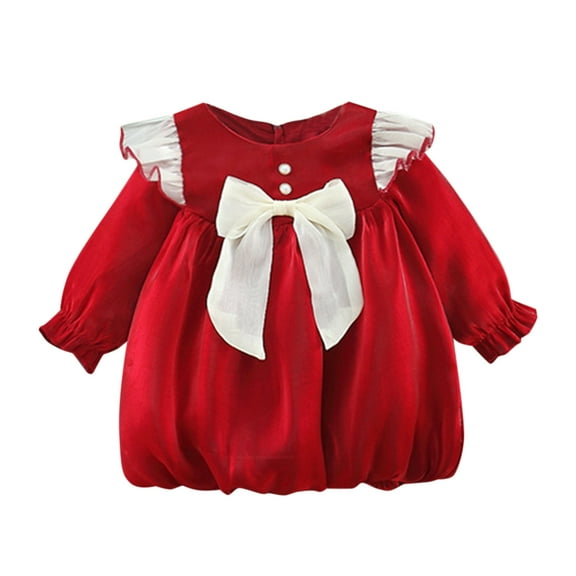 Otqutp Casual Dress for Toddler Girls Kids Baby Girls Patchwork Long Ruffled Sleeve Bowknot Tulle Dress Princess Dress Clothes Outfits for 6M-3 Years(Red,6-12 Months)