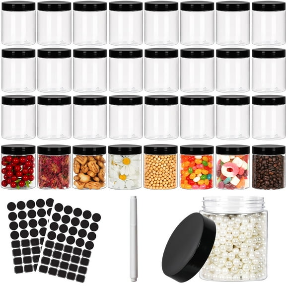 Frascos redondos de plástico Betrome de 250 ml con tapas negras, 40 unidades