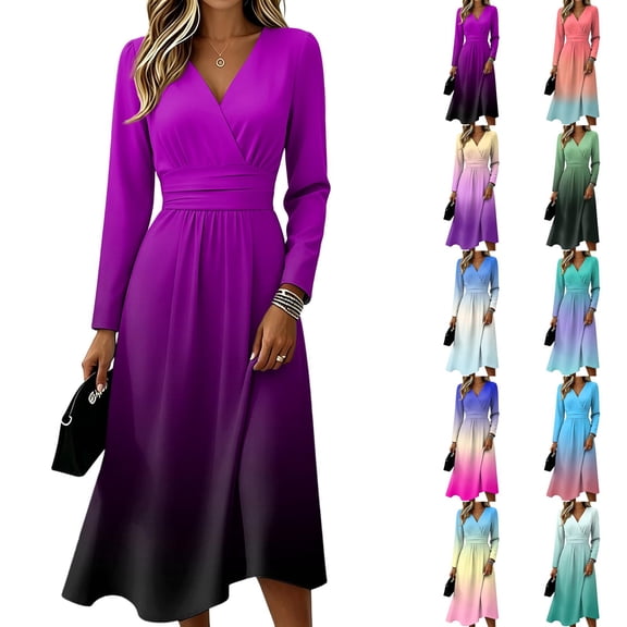 Summer Dresses for Women Elastic Waist Wrap Crossover V Neck a Line Dress Maxi Dress for Wedding Guest, Graduation, Party
