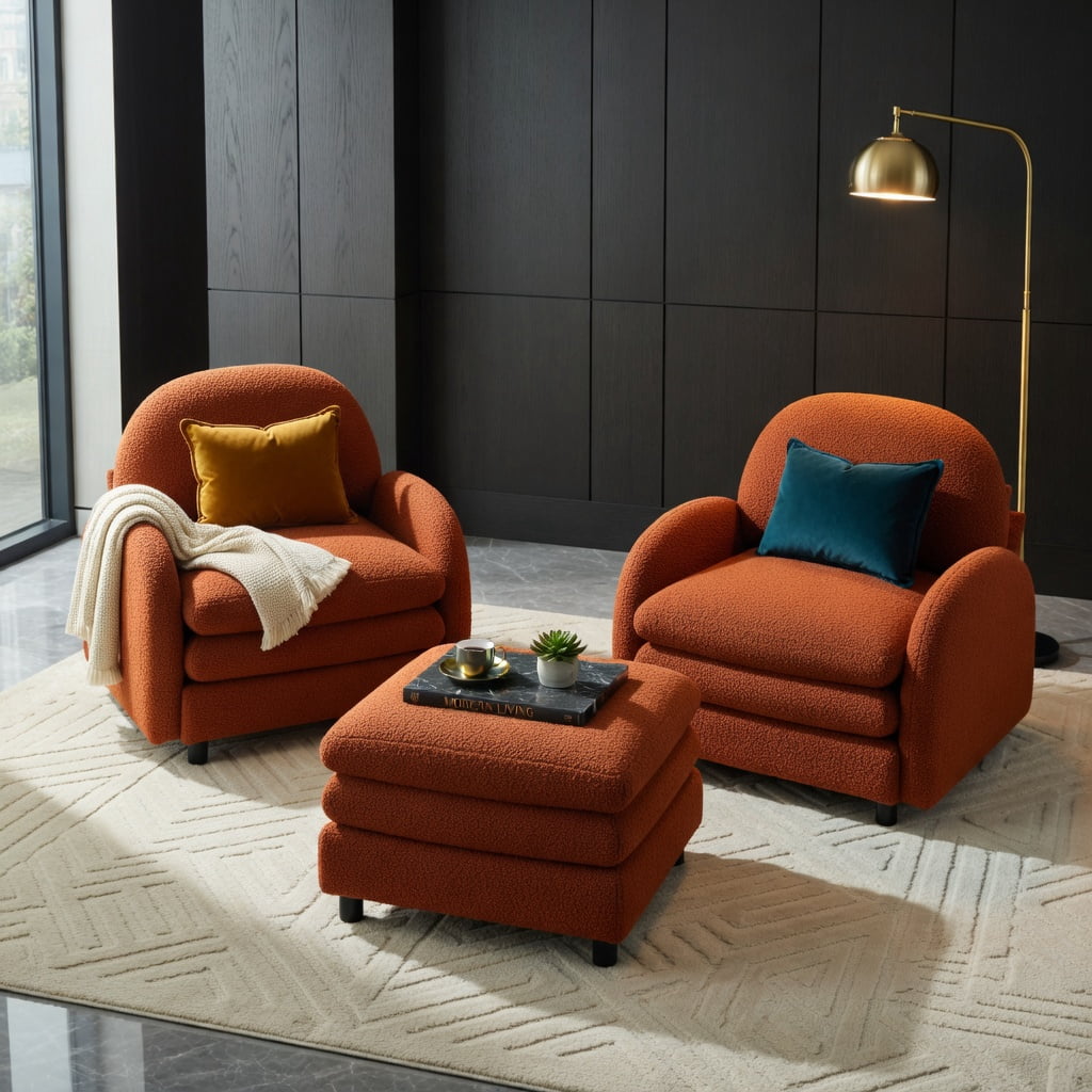 Hommoo Teddy Fleece 2-Seat Modular Loveseat Sofa with Movable Ottoman, Cloud-Like Double-Layer Cushions & Curved Lumbar Pillows, Orange