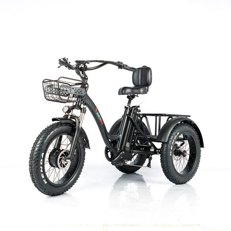 Electric Fat Tire Tricycle/Trike, 500W 48V Hybrid Bicycle/E-Bike with Lithium Rechargeable Battery, Oversize Rear Cargo and Front Basket for Heavy-Duty