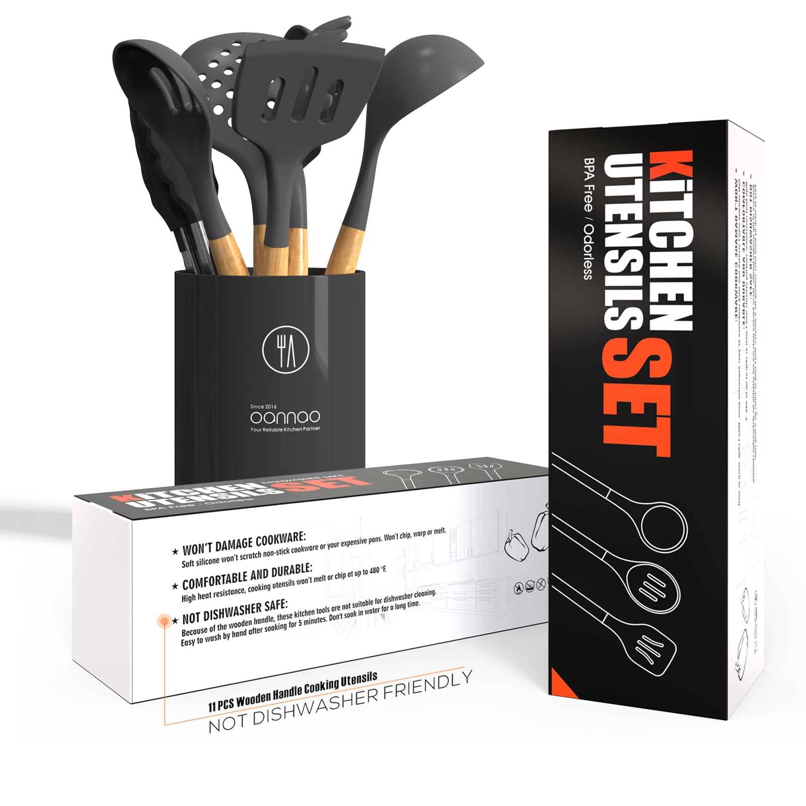 oannao Silicone Cooking Utensils Set - 446°F Heat Resistant Silicone Kitchen Utensils for Cooking,Kitchen Utensil Spatula Set w Wooden Handles,Holder, BPA FREE Gadgets for Non-Stick Cookware (Grey)