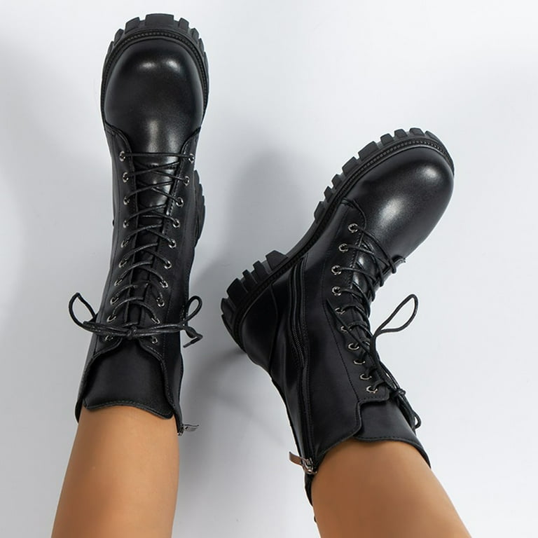 Ladies black lace clearance up biker boots