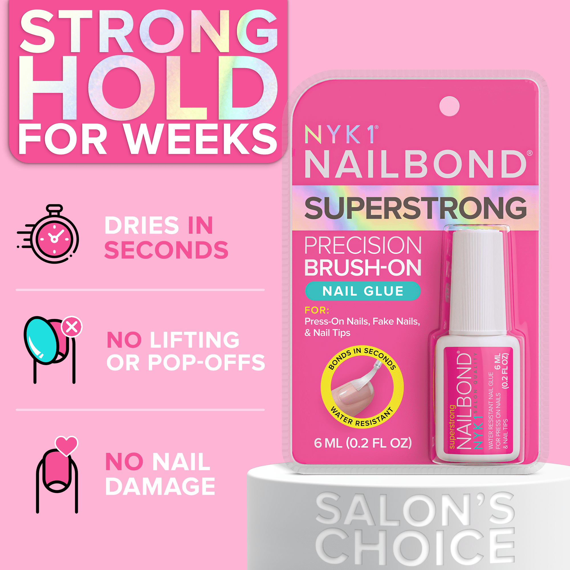 NYK1 NailBond Super Strong Brush-On Nail Glue for Press-Ons, Tips, & Fake Nails 6ml/0.2 fl oz