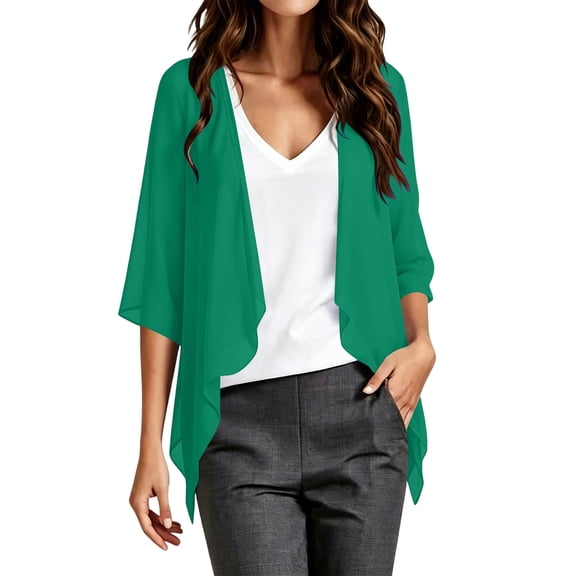 DeHolifer Cardigans for Women Summer Kimono 3/4 Sleeve Chiffon Cardigan Loose Puff Sleeve Cover up for Dress Army Green L
