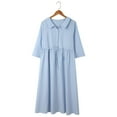 thumbnail image 6 of Dyfzdhu Cotton Linen Dresses for Women 2024 Summer Vintage Short Sleeve Flowy Beach Dress Collar V Neck Button Down Pleated Midi Dress Blue, 6 of 8