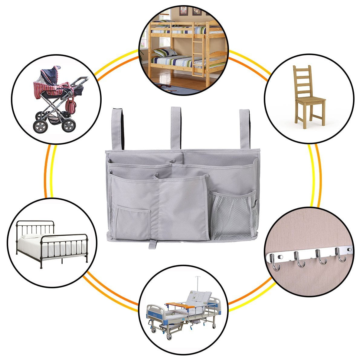 Grey Pocket Bedside Big Hanging Storage Bag Organizer 8 Pockets for Books Phones Tablets Accessory and TV Remote Multifunctional Caddy