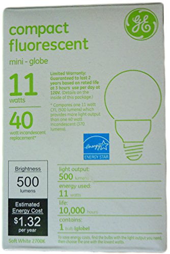 500-Lumen G25 Light Bulb with Medium Base GE Lighting 85392 Energy Smart CFL 11-Watt 40-watt replacement 3-Pack 