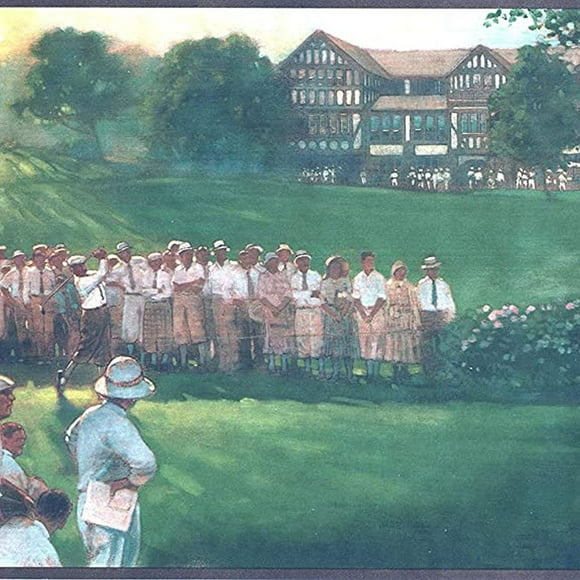 Concord Wallcoverings Wallpaper Border Retro Sport Pattern Golf Tournament for Dining Area Cottage Farmhouse, Colors Brown Green White Beige Pink Yellow Light Blue, Size 9 Inches by 15 Feet ADV2171B