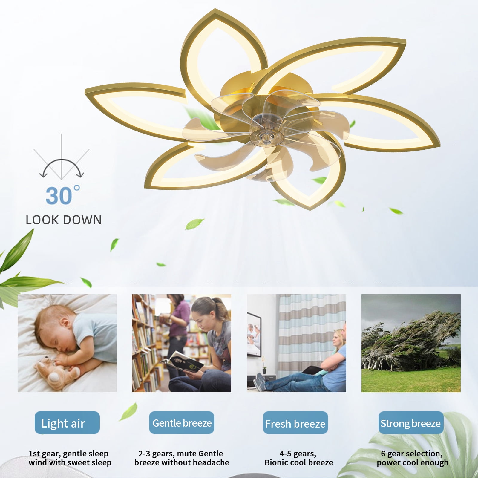 Eowynic 31-inch Gold Modern Flower Shape Fandelier Ceiling Fans with LED Lights Remote Control for Kitchen Bedroom