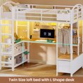 thumbnail image 2 of Twin Size Loft Bed with L Shaped Desk and 4 Drawers, Metal Bed Frame with Storage Shelf, Power Outlet and LED Lighted, No Box Spring Needed, White, 2 of 8