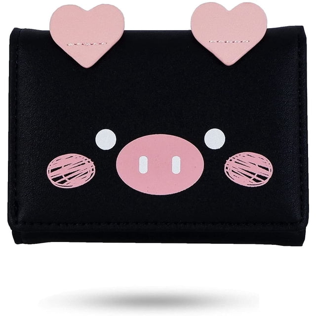 Monedero de cuero para mujer, lindo patrón de cerdo, billetera pequeña delgada de tres pliegues para mujeres y niñas (negro)