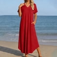 thumbnail image 2 of DHFJKG Summer Dresses For Women Long Dress Short Sleeve V Neck Flowy A Line Solid Color Comfortable Curved Hem Tunic Beach Vacation Clothes Trendy Dresses, 2 of 5