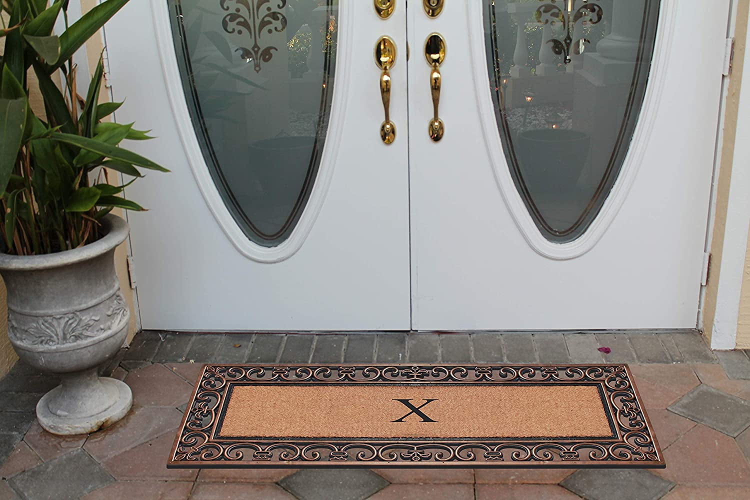 A1HC Rubber and Coir Paisley Border Myla Double Door Monogrammed E Doormat 17.71"X47.25", Bronze