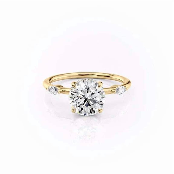 vylahjewellery Round Cut Hidden Halo Moissanite Engagement Ring for Women 14K Vermeil Yellow Gold with Marquise Cut Diamond Accent Wedding Anniversary Ring