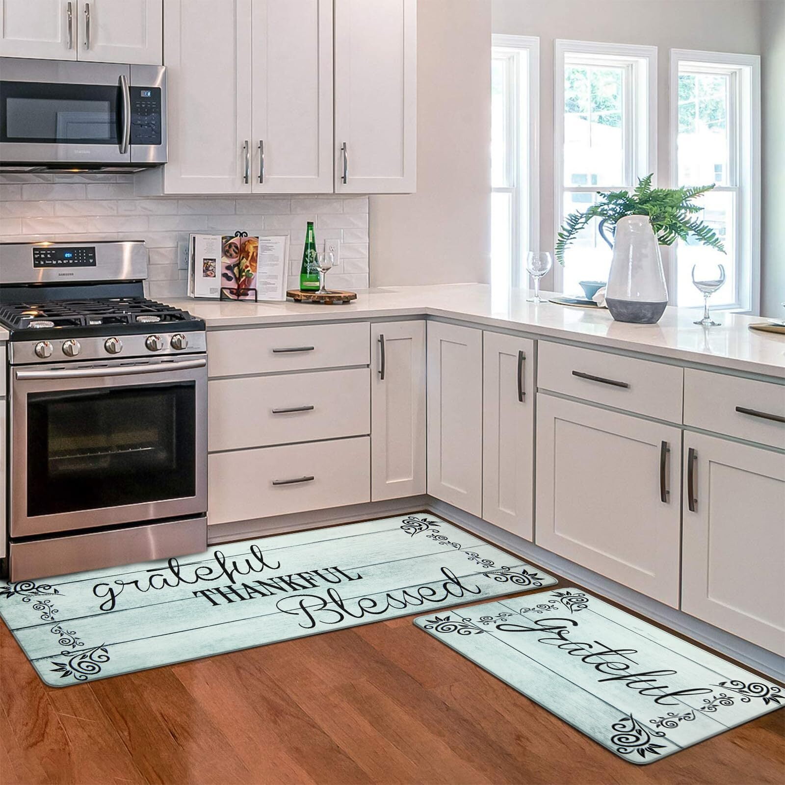 Findosom 2pcs Kitchen Rug Set, 18"x30"+18"x47" Non-slip Anti-Fatigue Kitchen Mats Farmhouse Waterproof Kitchen Runner,Ergonomic Comfort Cushioned Standing Mat for Floor,Home,Office,Sink,Laundry Blue