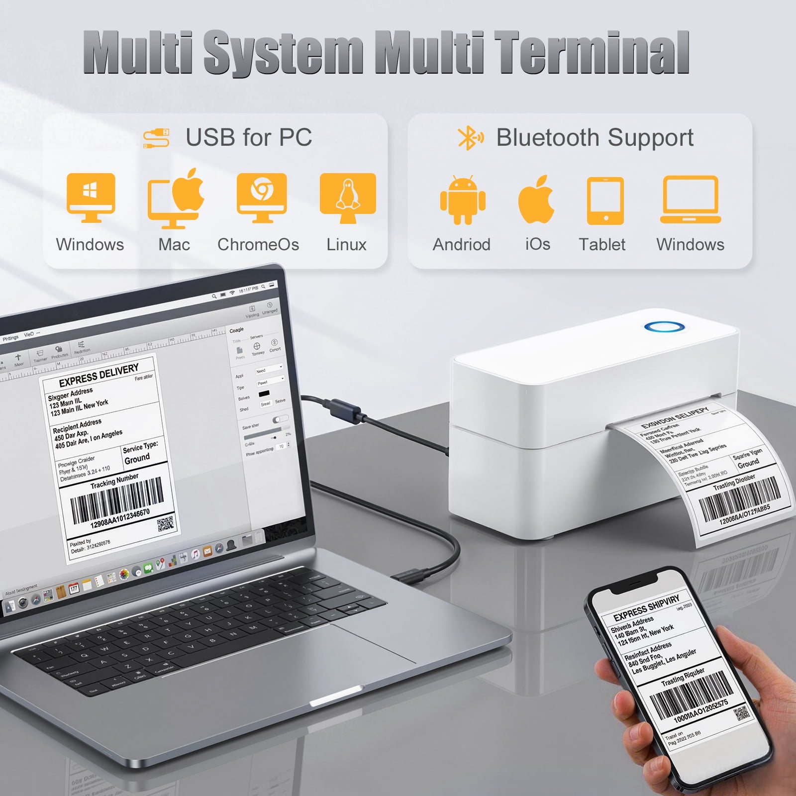 Ptlahmri Label Printer, 4x6 Thermal Shipping Label Printer, White, Wired Bluetooth, Compatible with Smartphone, Windows, for Small Business & Packages