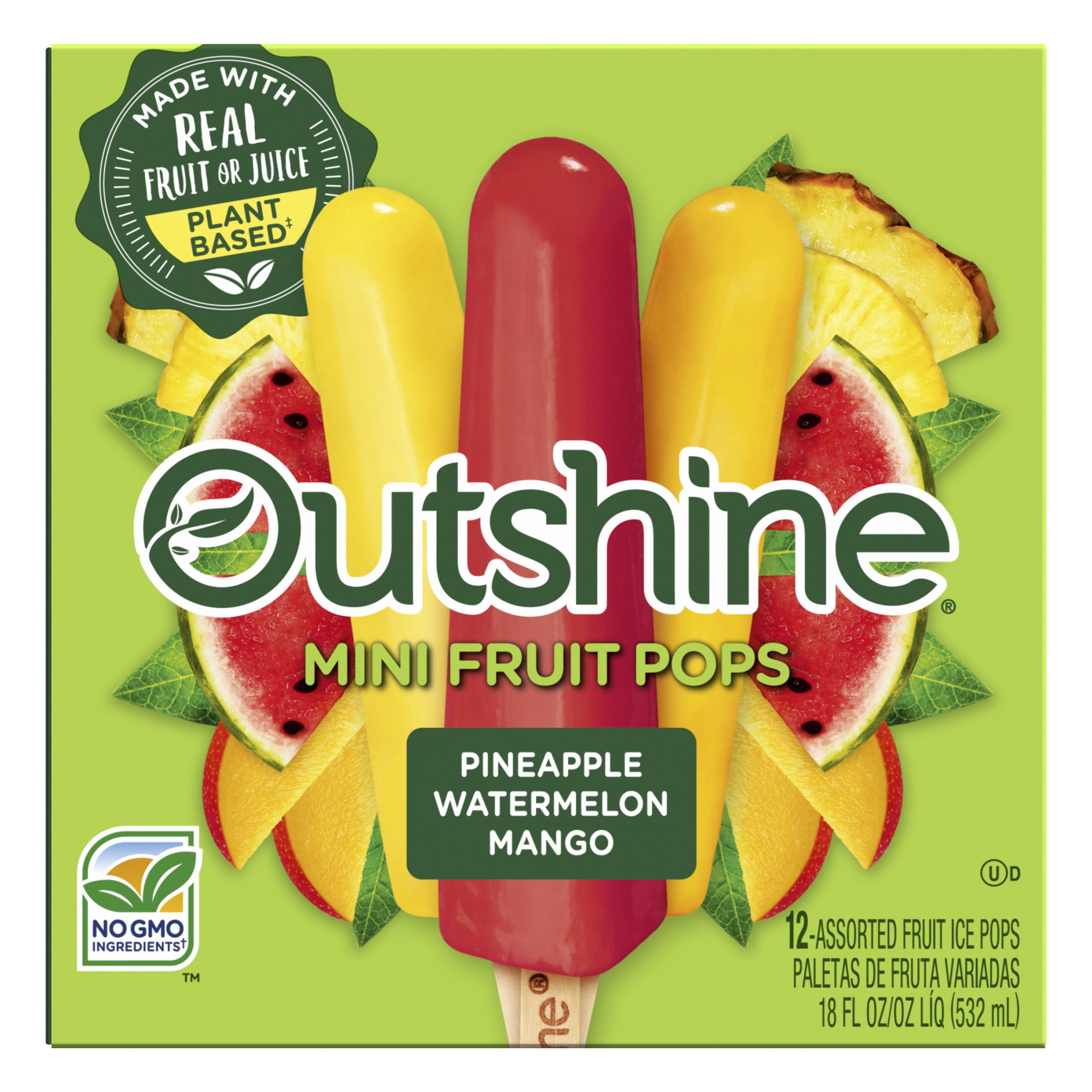 Outshine Pineapple, Watermelon, and Mango Mini Fruit Pops, Variety Pack, 12 Count