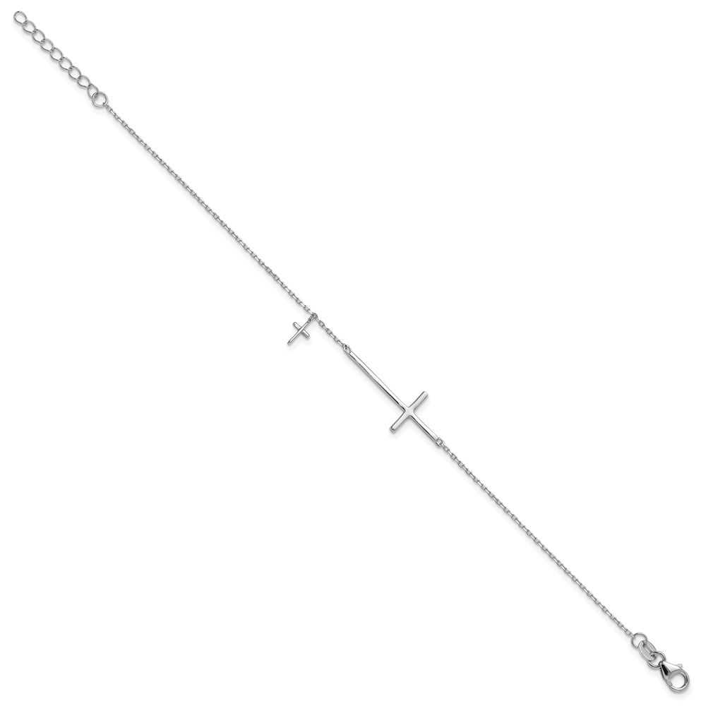 Diamond2Deal 925 Sterling Silver Rhodium-plated Sideways Cross with 1" ext. Cable Chain Bracelet for Men 8"