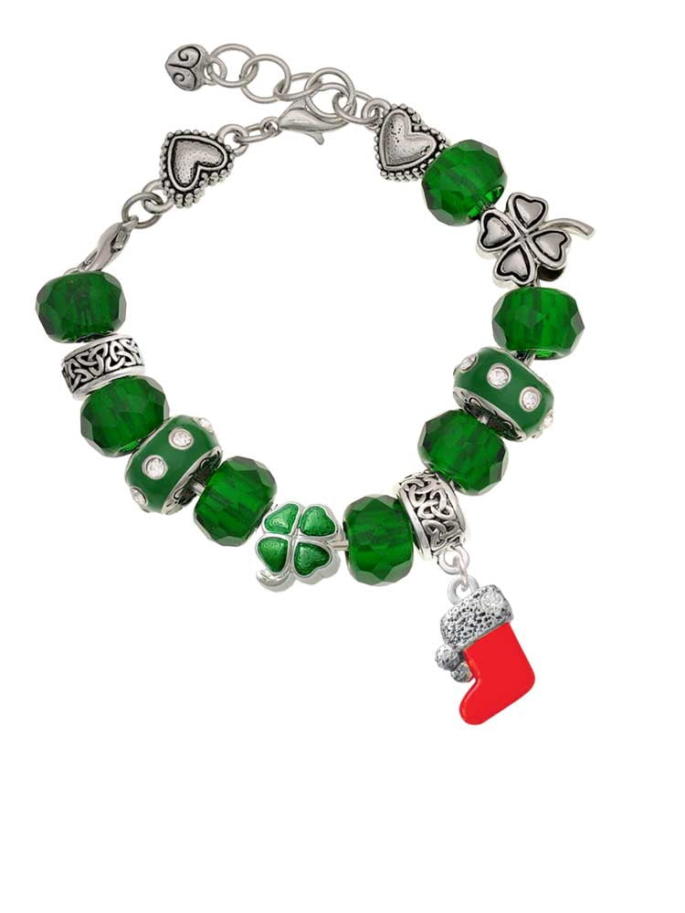 Delight Jewelry Silvertone 3-D Red Christmas Stocking - Green Irish Luck Bead Charm Bracelet, 7.5"