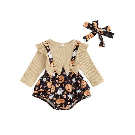 

ESASSALY Baby Girls Halloween Jumpsuits Pumpkin Print Romper and Headband