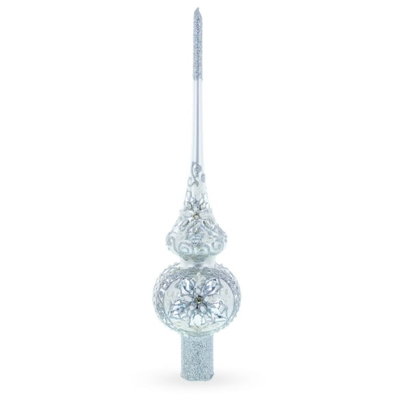 White Jewels Star on Glossy Silver Glass Christmas Tree Topper 11 Inches