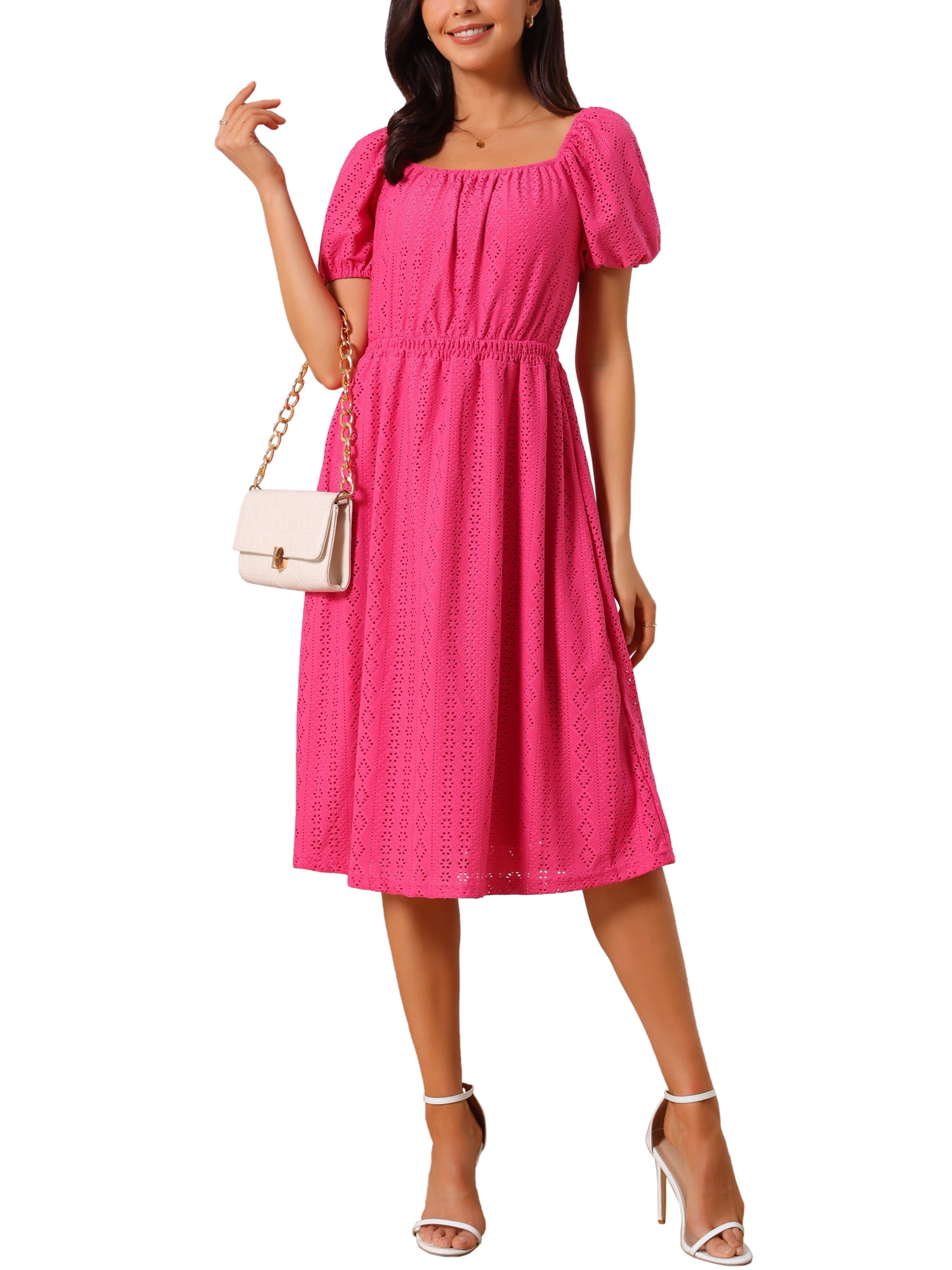 DARING DIVA Eyelet Square Neck Short Sleeve A Line Midi Dress S Hot Pink