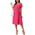 thumbnail image 2 of INSPIRAR CHIC Vestidos de Ojal para Mujeres con Cuello Cuadrado, Manga Corta Abullonada, Casual, Corte A, Vestido Midi de Verano M Color Rosa Fucsia, 2 of 6