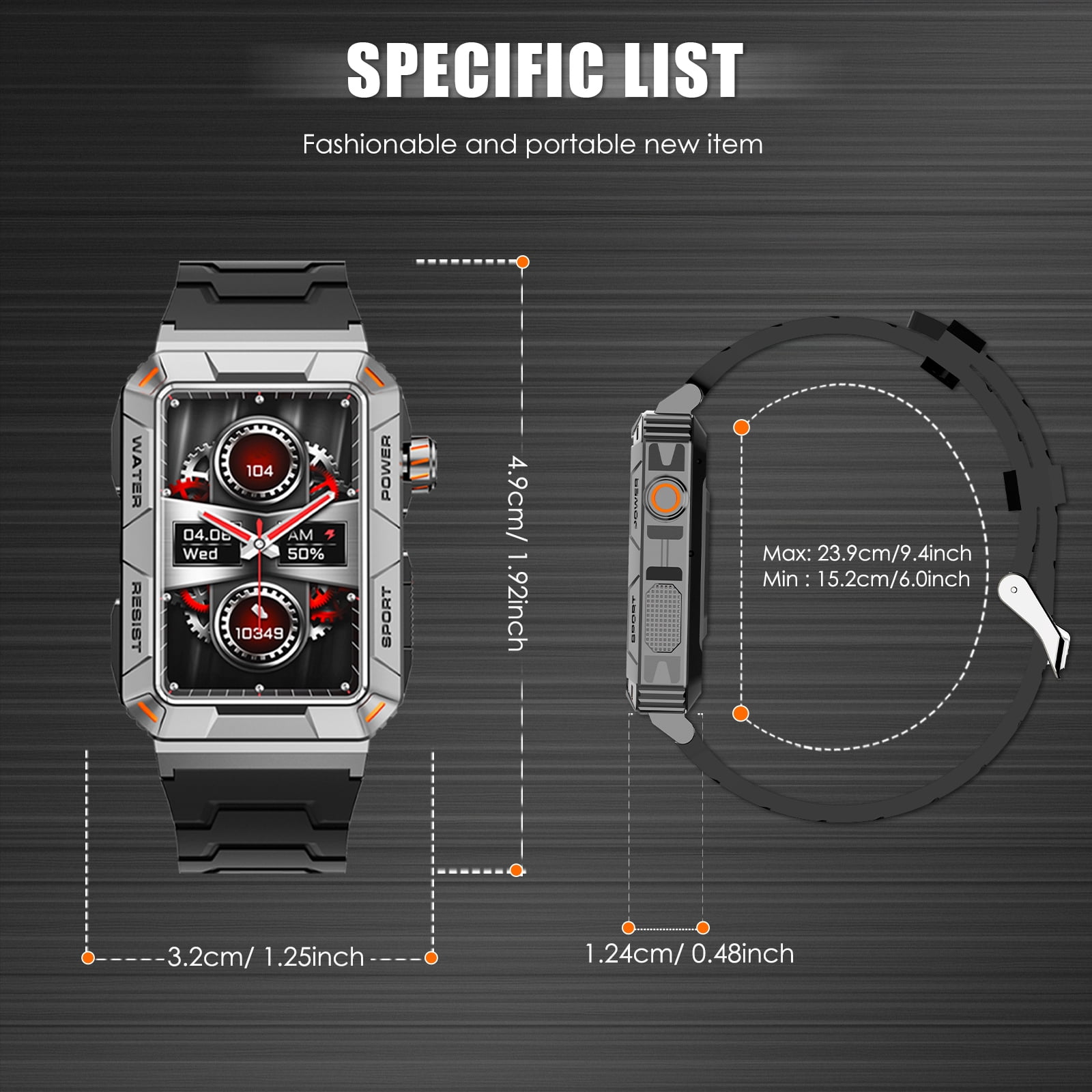 VOPOCO MT88 Rugged Smartwatch Big Screen HD Smart Watch for Men IP67 Waterproof Outdoor Watch Compatible with iOS Android, 1pc