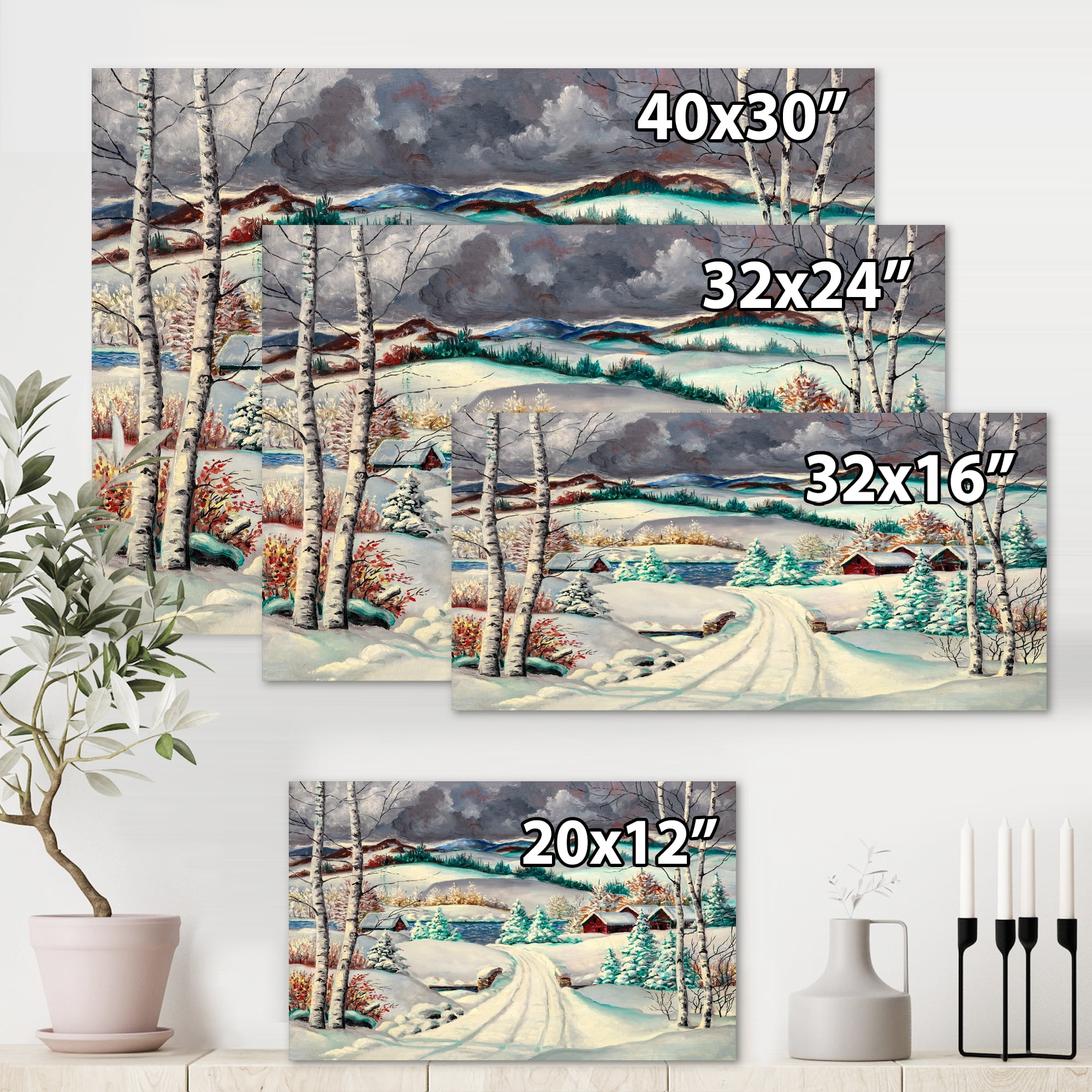 Designart ' Snowy Road In Countryside Winter Landscape ' Traditional Canvas Wall Art Print