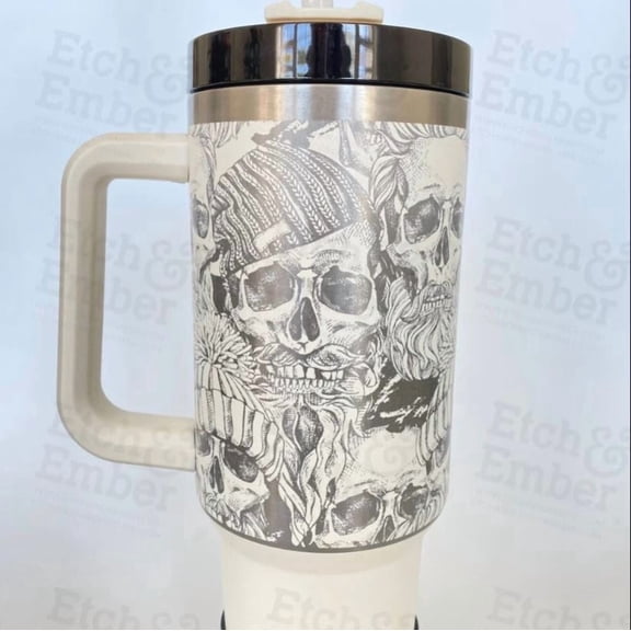 40 oz Stainless Steel Engraved Travel Tumbler with Handle – Skull Design – Insulated Large-Capacity Cup