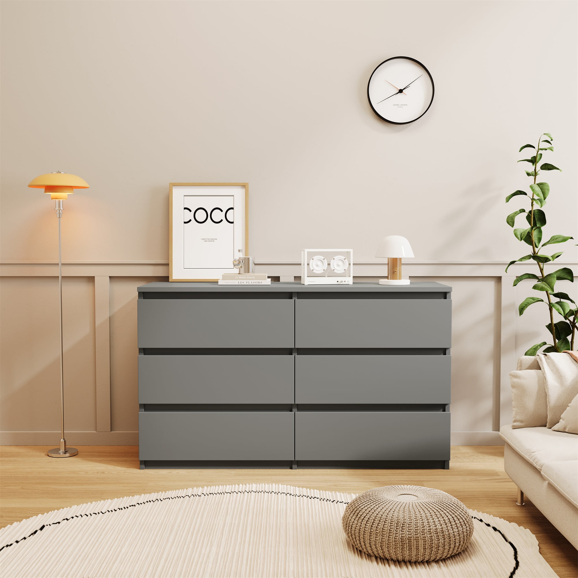 Kadyn Gray Chest of Drawer, 6 Double Drawer Dresser for Bedroom, Modern Storage Cabinet for Living Room, Dresser