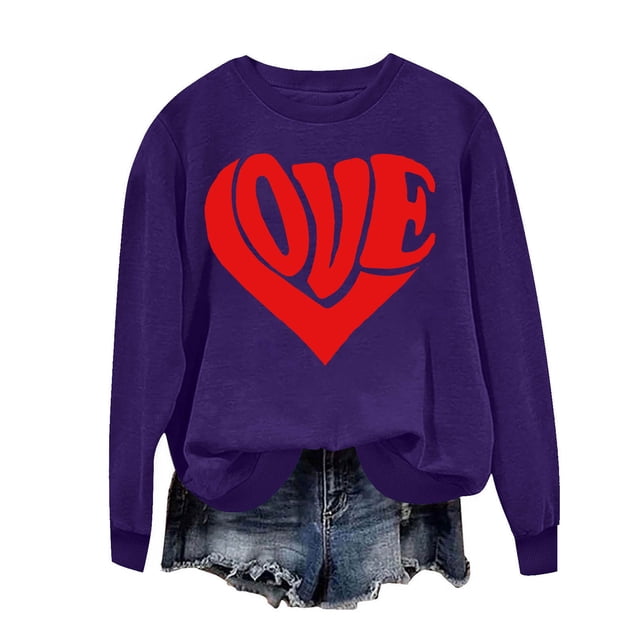 Penkiiy Chandail à Manches Longues pour Femmes avec Imprimé Cœur, Col Rond, Décontracté, Ample, Vintage, Graphique d'Amour, Violet