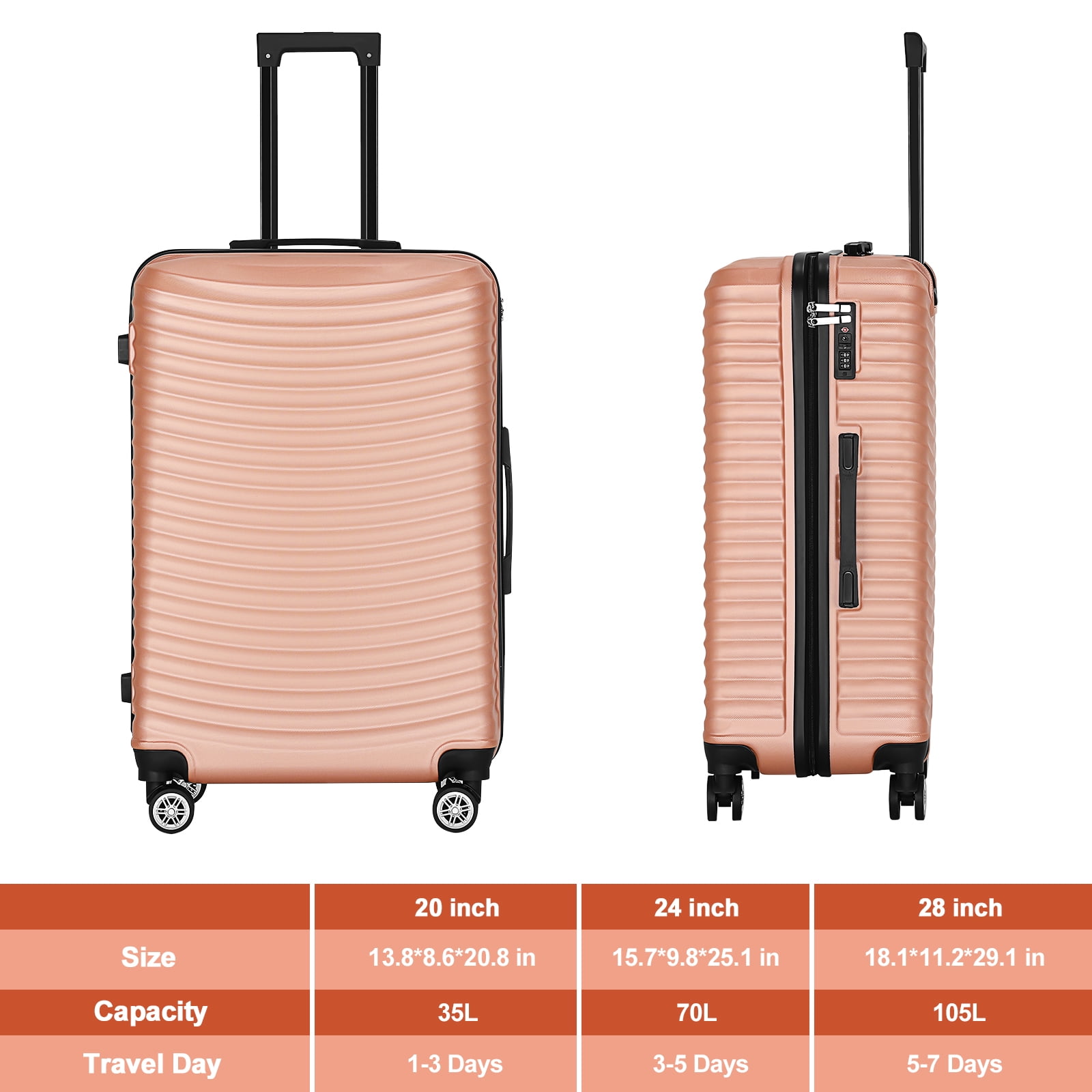 Horizontal Stripe Luggage ABS 3-Piece Set (20"+24"+28") Rose Gold
