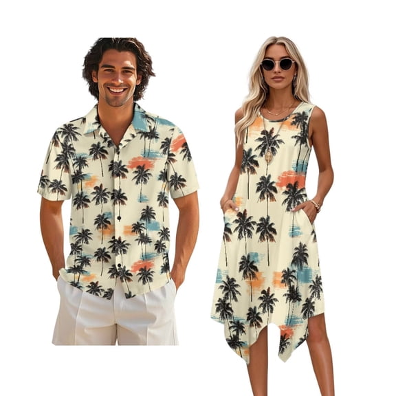 Whosucclay Palm Tree Print Matching Hawaiian Outfits for Couples, Womens Casual Summer Sleeveless Crewneck Midi Dress Sundress and Mens Hawaiian Shirts Button Down Plus Size, S