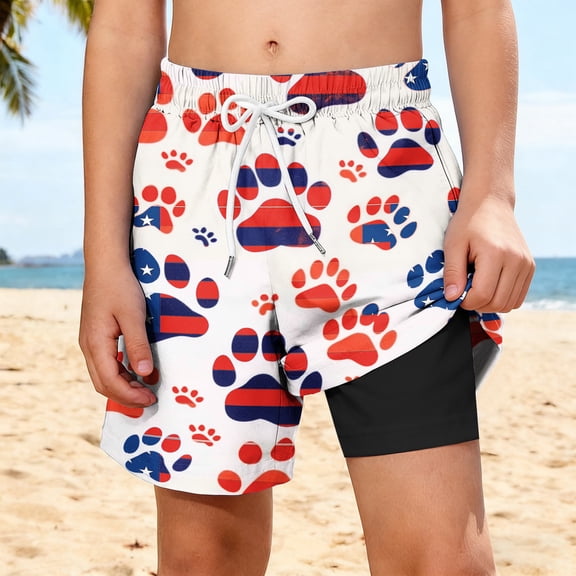 hengsof Boys' Stylish Independence Day Printed Swim Trunks Quick Dry Double Layer Casual Comfortable Beach Shorts with Pockets