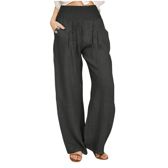 Timegard Cotton Linen Pants for Women Elastic High Waist Smocked Straight Leg Ruched Loose Lounge Pants