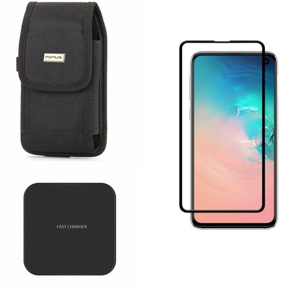 Galaxy S10e Screen Protector w Case Belt Clip w Wireless Charger - Tempered Glass 5D Curved Edge, Rugged Holster Canvas, Fast 7.5W and 10W Charging Pad for Samsung Galaxy S10e Phone