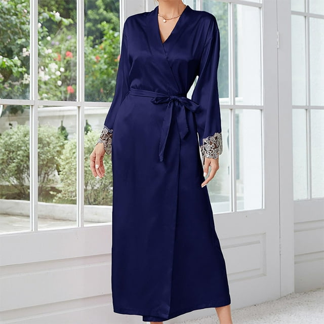 Tawop Peignoirs pour Femmes Ensemble de Pyjamas pour Femmes Pyjamas Longue Chemise de Nuit Peignoir Robe Unie Dentelle Imitation Soie Chemises de Nuit pour Femmes Bleu TG