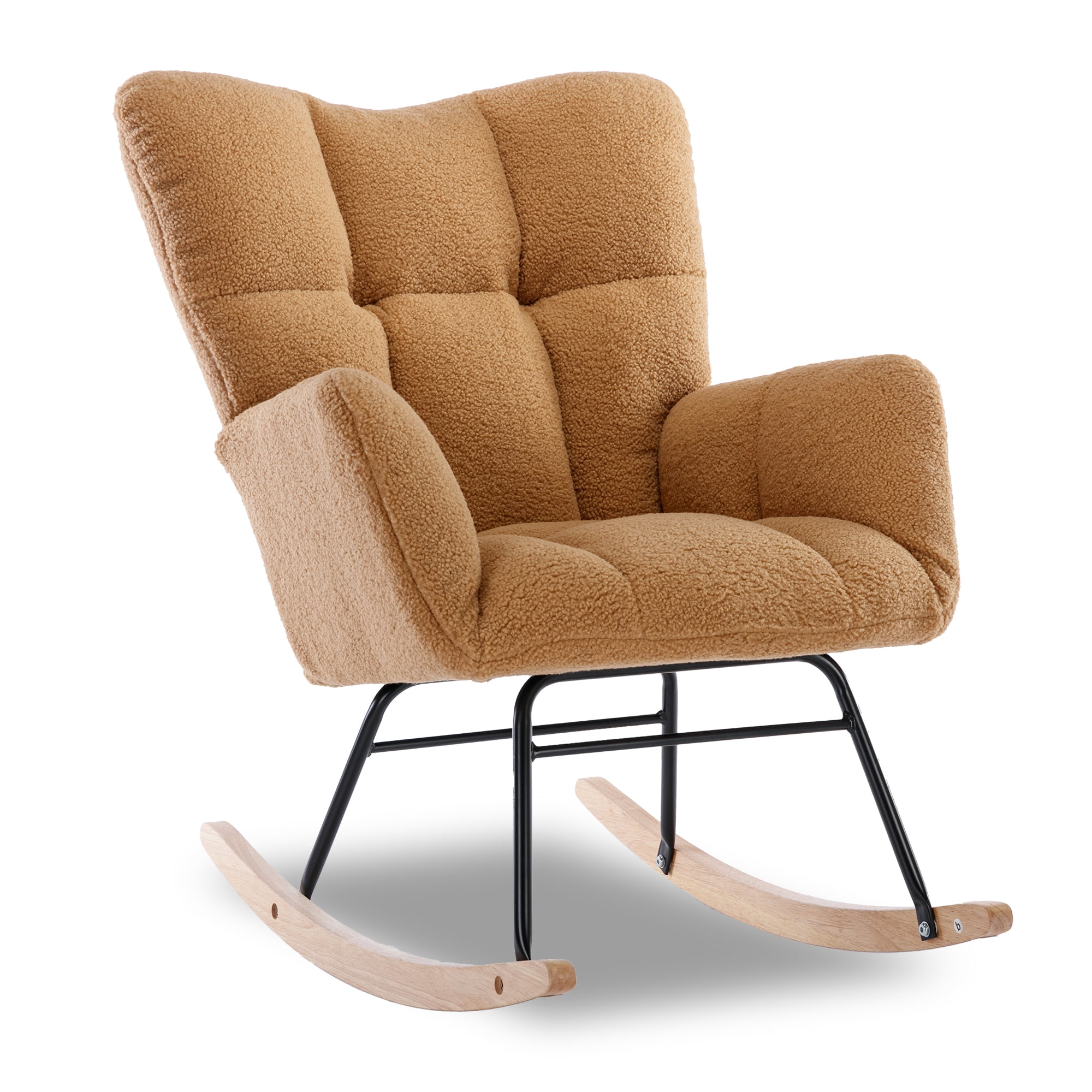 Rocking Glider Chair, Soft Teddy Fabric Upholstered Accent Chair with Tufted Back and Foam Filling, Khaki Modern Nursery Seating for Living Room and Bedroom, 31.5"D x 27.6"W x 37.4"H