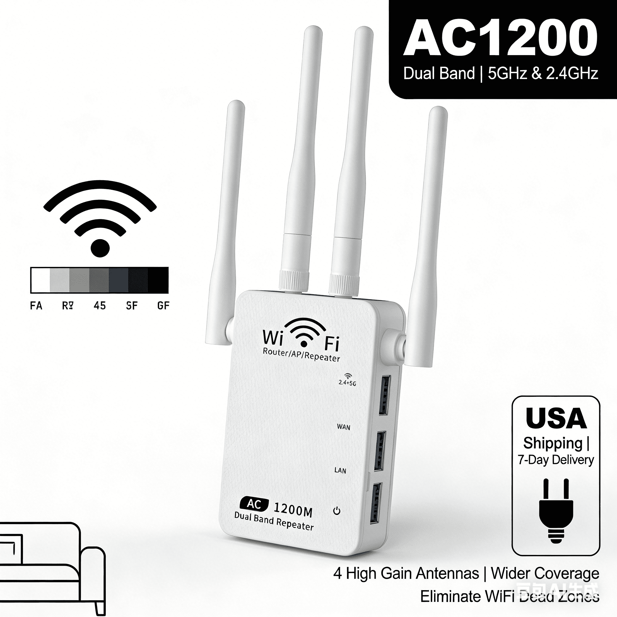 Phonetone, Cell Phone Booster, Support Band 12 13 17, 4500 sq ft