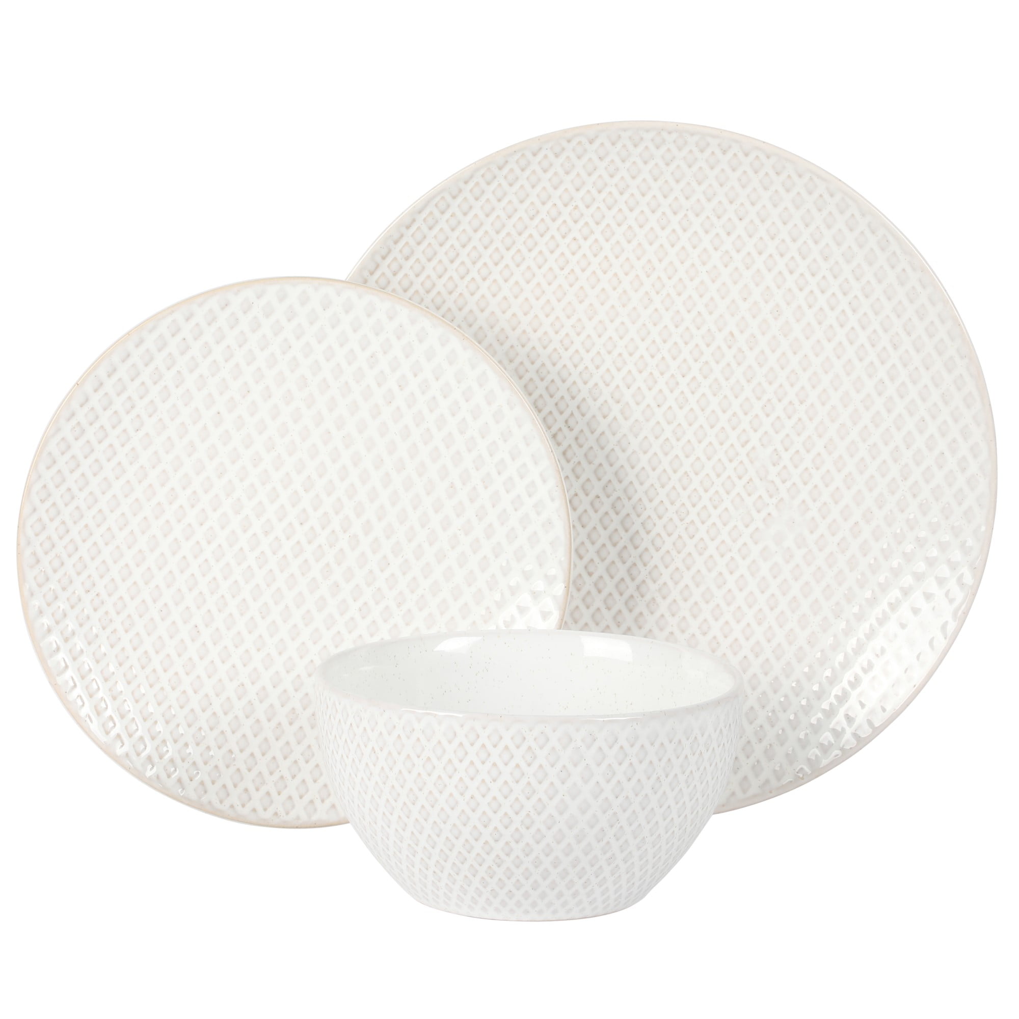 Gibson Elite Oyster Tide Embossed 12 Piece (Service for 4) Plates and Bowls Reactive Glaze Round Dishes Stoneware Ceramic Dinnerware Set, White