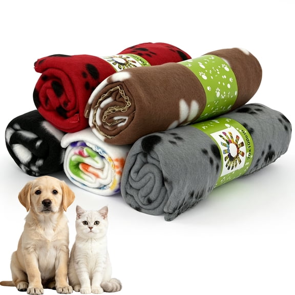 5 Pack Fleece Pet Blanket, 40" x 28" Dog & Cat Blanket, Soft Washable Cat Blanket, Warm Pet Mat, Reusable Pet Bed Cover with Paw Print for Puppy, Kitten, Small‑Medium Pets