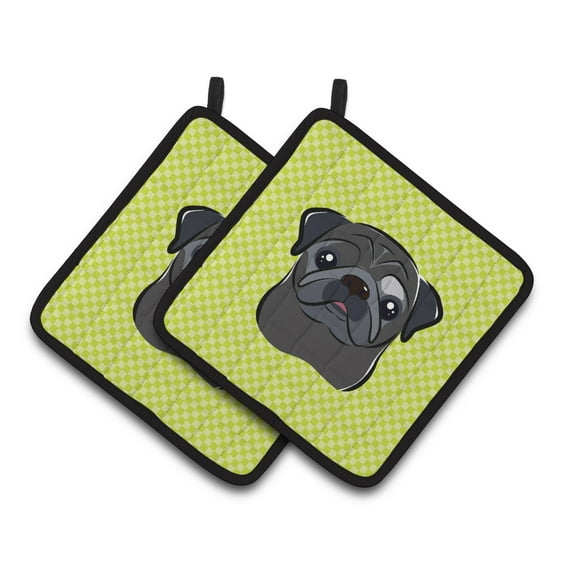 Checkerboard Lime Green Black Pug Pair of Pot Holders