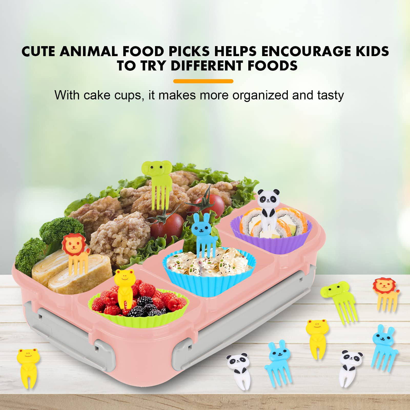  Bento Lunch Box for Kids Adult,4 Compartment Bento Box  Containers with Fun Accessories Thick Silicone Food Cake Cups, Cute Food  Picks for Kids,Easy to Clean (PINK): Home & Kitchen